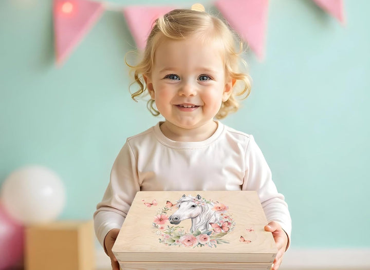 Little Deco Baby Erinnerungsbox Holzkiste mit Pferd & Blumenkranz | L - 40 x 30 x 22 cm | Ideal zur