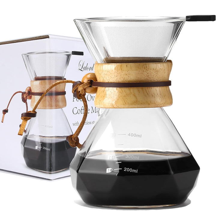 Lalord Pour Over Kaffeebereiter mit Edelstahlfilter, Borosilikatglas Kaffeekanne, Holzkragen, Kaffee