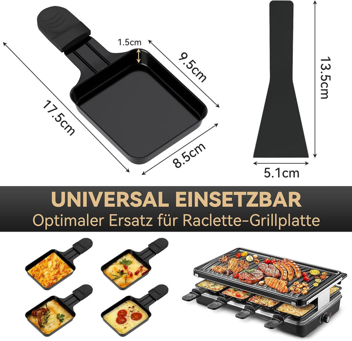 8 Stück Pfännchen für Raclette, Antihaftbeschichtet, Viereckig Mini mit 8 Schaufel Schwarz