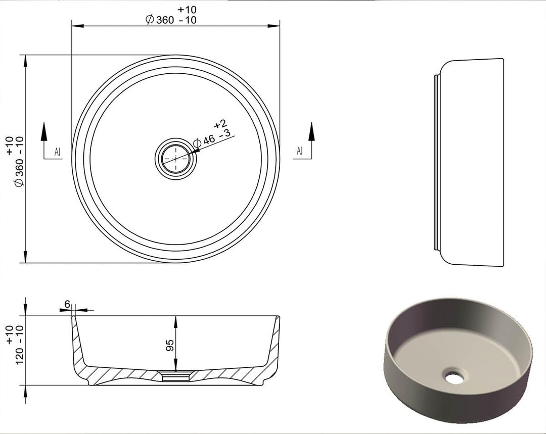 Aufsatz-Waschbecken Bath-O-Line 36x36cm | Keramik rund | schwarz-matt