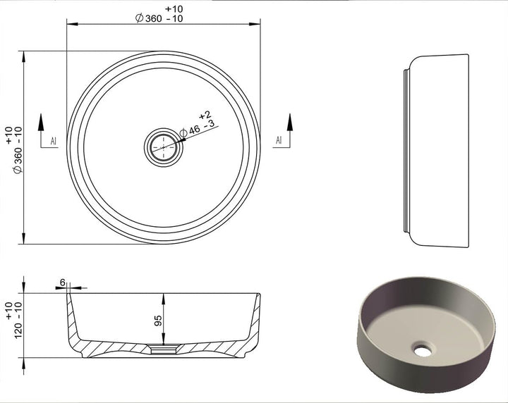 Aufsatz-Waschbecken Bath-O-Line 36x36cm | Keramik rund | schwarz-matt