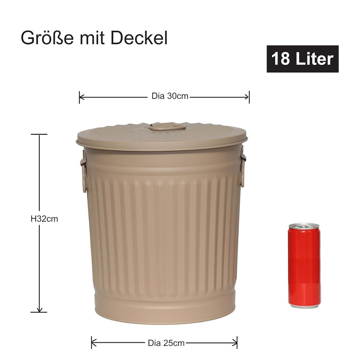 Jinfa 1 Retrodesign Metalleimer mit Griffen und Deckel + 50 Müllbeutel | Beige | 18L 1 Mülleimer 18L