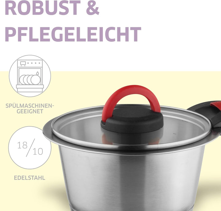 Topfset Induktion 9-teilig 18 & 20 cm mit Glasdeckel, Frischhaltedeckel & abnehmbaren Griffen, Edels