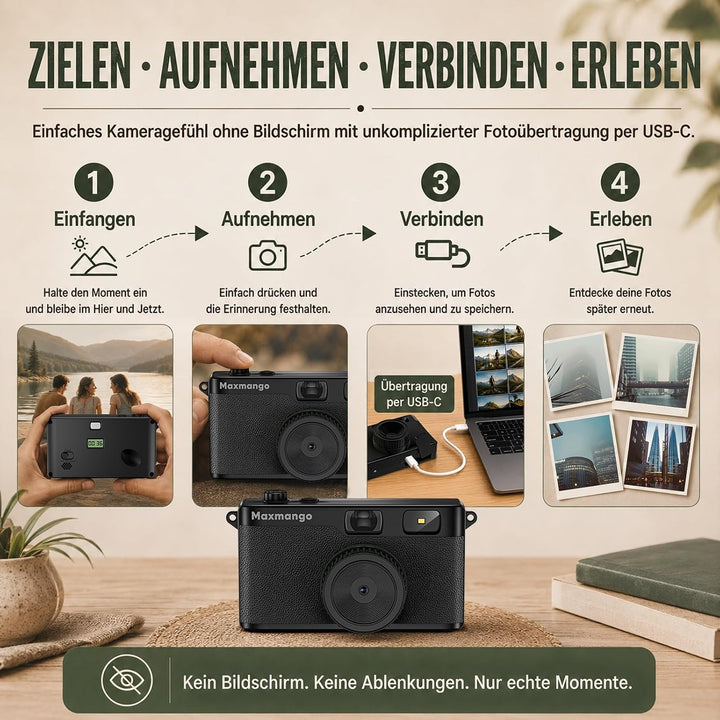 Maxmango D53 Retro Digitalkamera 12 MP ohne Bildschirm,mit 4 Filtern,8GB SD Schwarz, Schwarz