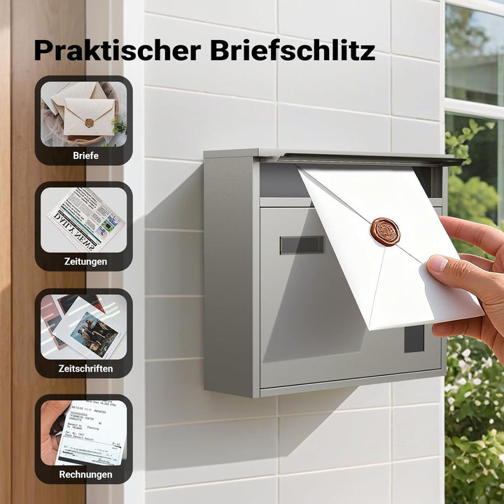 Wiltec Briefkasten V12 Edelstahl 360 x 115 x 315 mm, Wandbriefkasten mit Schloss, Sichtfenstern und