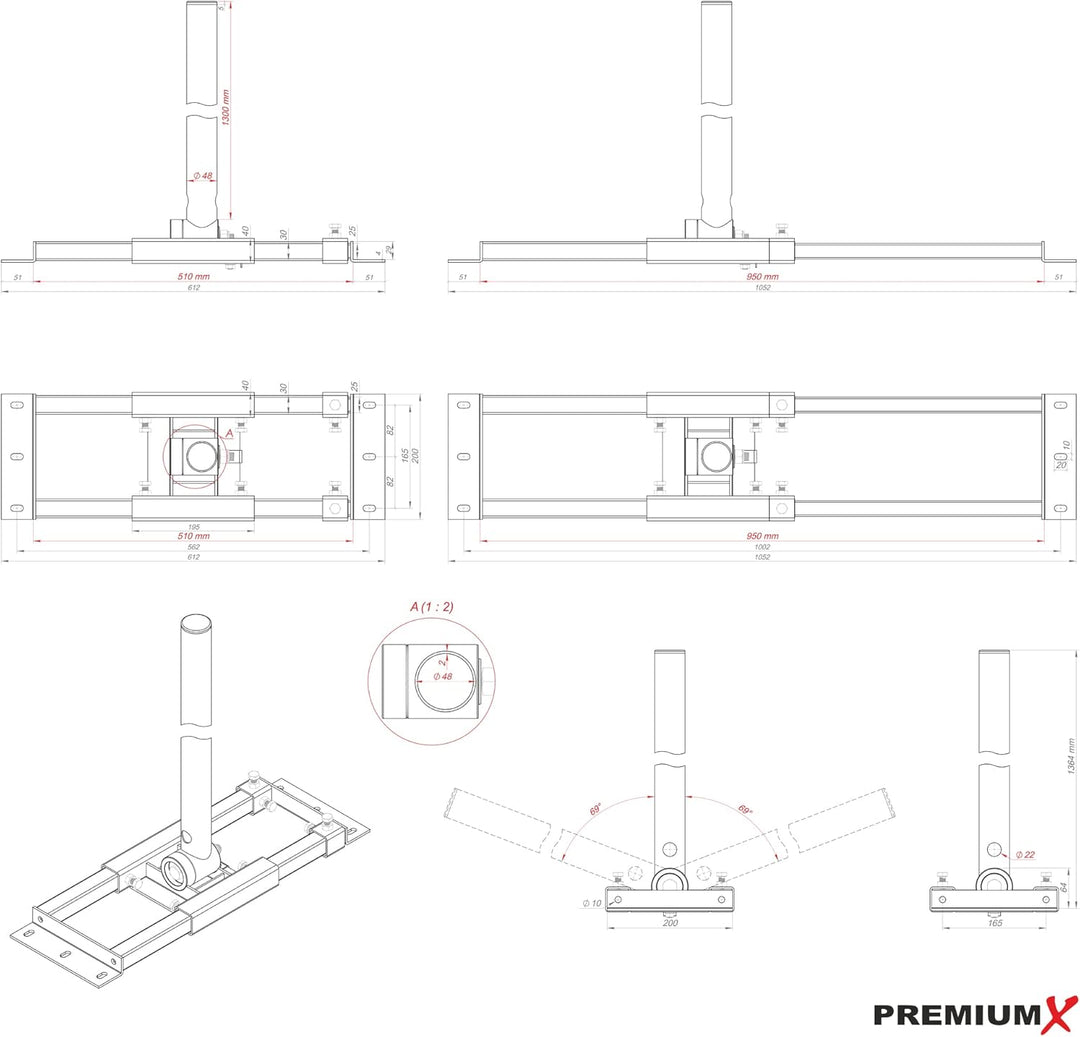 Premium X Deluxe X130-48 Dachsparrenhalter 130cm Mast Ø 48mm Sparrenhalter SAT Dach-Halterung inkl.