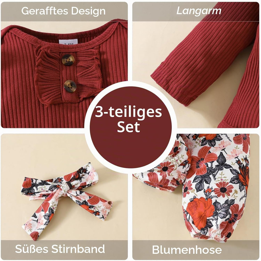 Neugeborenes Baby Mädchen Kleidung Kleinkind Gerippt Ruffle Lange Ärmel Strampler+ Floral Hosen+ Sti