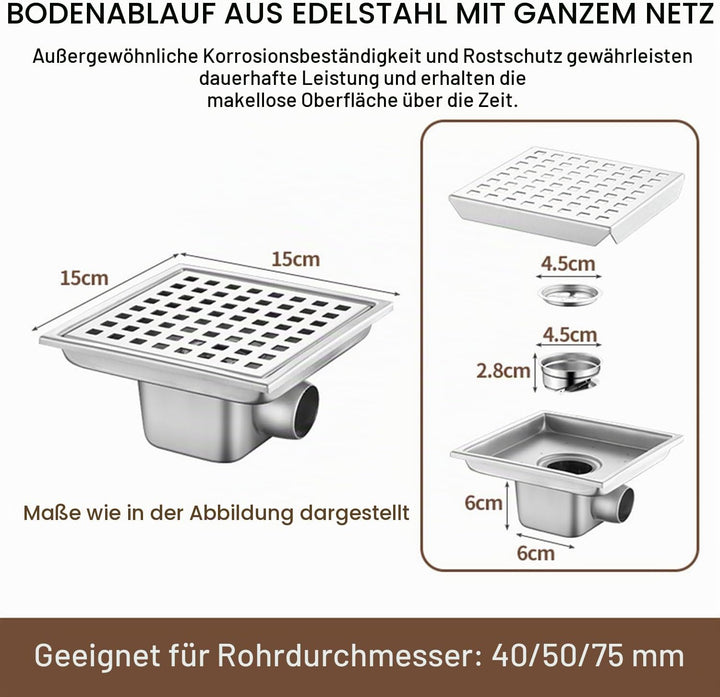 Bodenablauf Duschrinne Quadratisch Edelstahl,15x15cm,Bodenablauf Dusche Haarfilter 2 in 1 Befliesbar