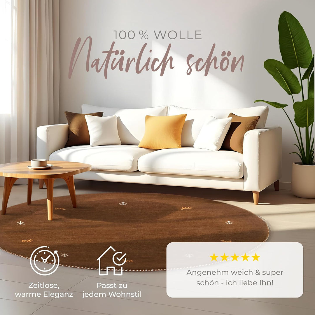 carpetfine Wollteppich Gabbeh Uni Rund Braun Ø 80 | Moderner Teppich für Wohn- und Schlafzimmer Ø 80