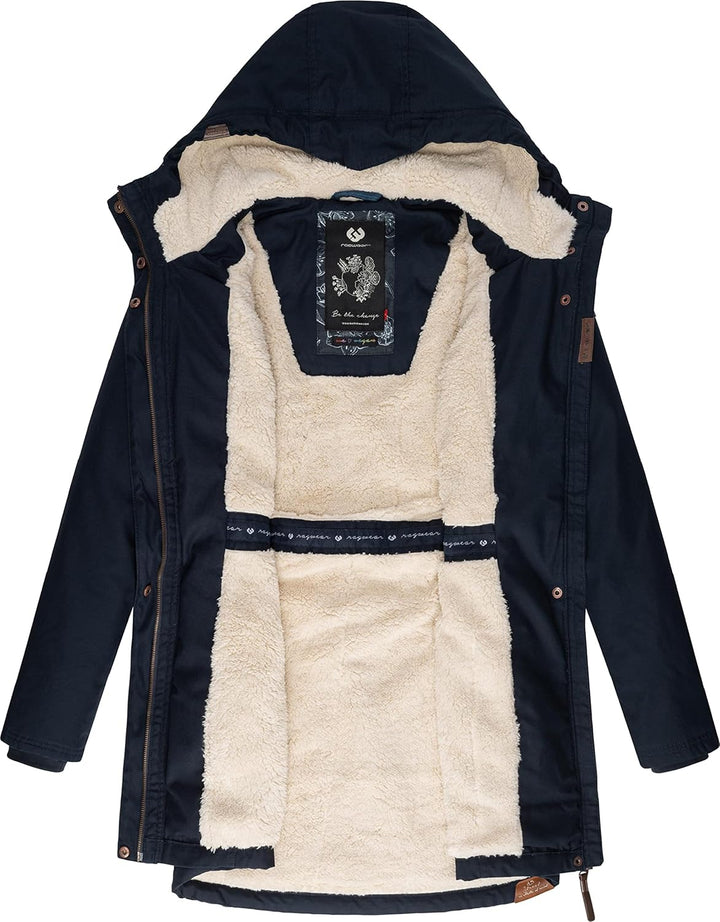 Ragwear Damen Mantel lange warme Winterjacke mit Teddyfell-Kapuze Elsie Intl XS-6XL XL Navy22, XL Na