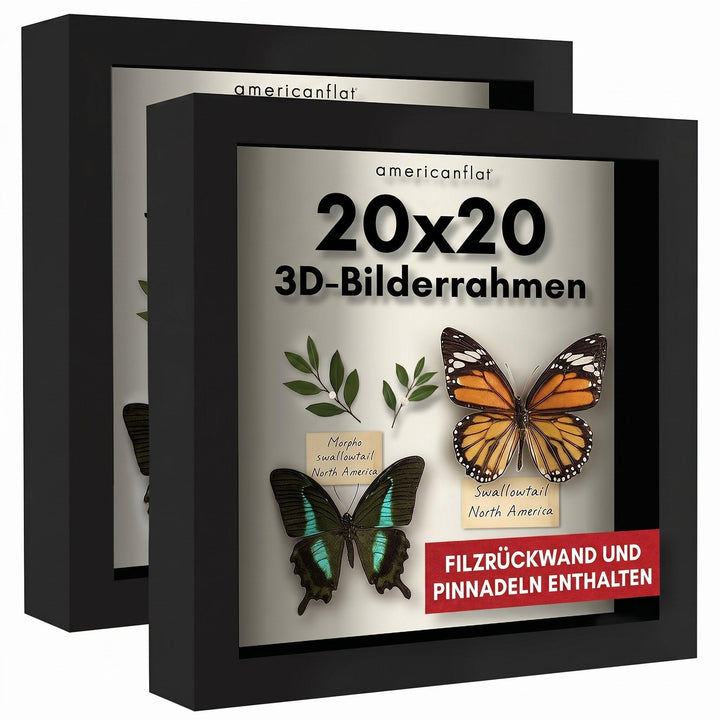 Americanflat 3D-Bilderrahmen zum Befüllen in Schwarz - 2er Set - 20x20 cm Tiefer Objektrahmen mit We