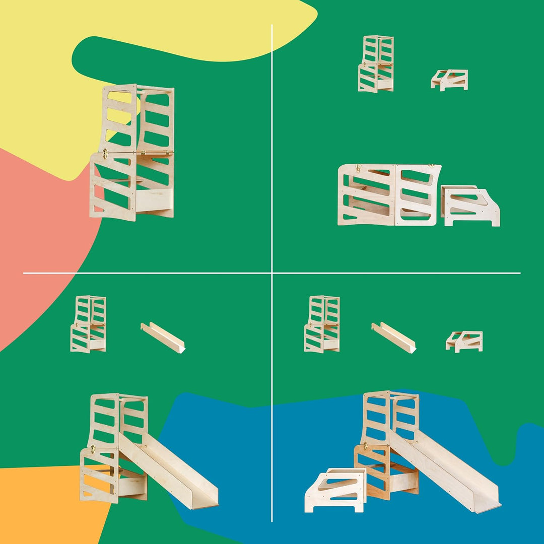 Weco Montessori Kinder Lernturm 3 in 1 Streifen Design mit Rutsche und Tritthocker FSC Zertifikat Sc
