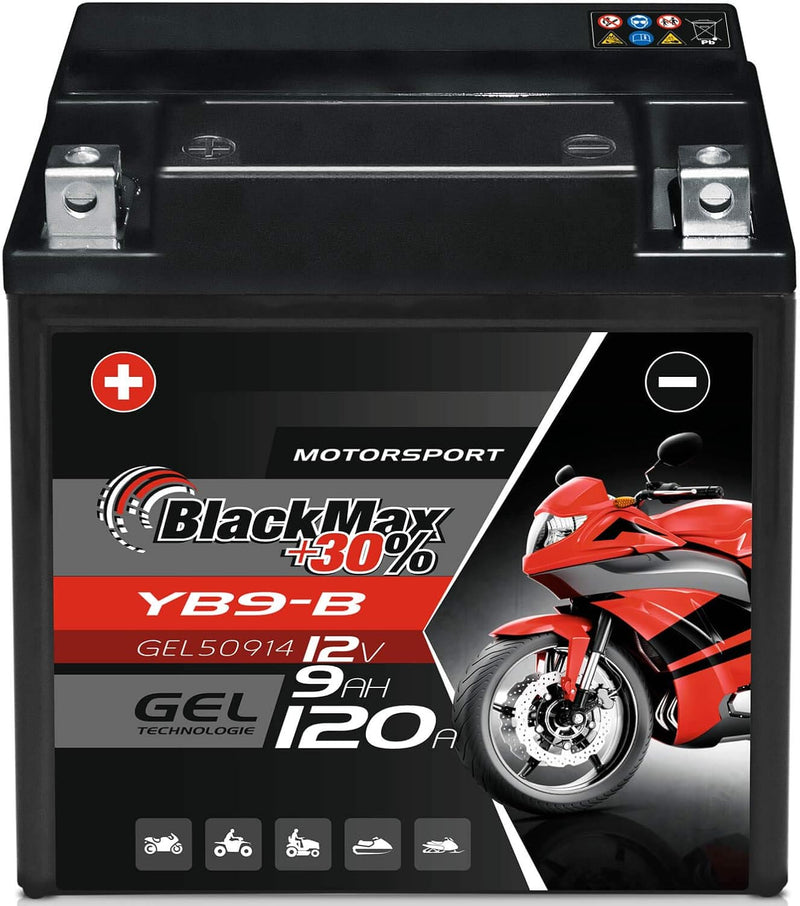BlackMax YB9-B Motorradbatterie GEL 12V 9Ah Batterie YB9-BS CB9-B GM9Z 12N9-4B-1 9Ah - 120A - YB9-B,