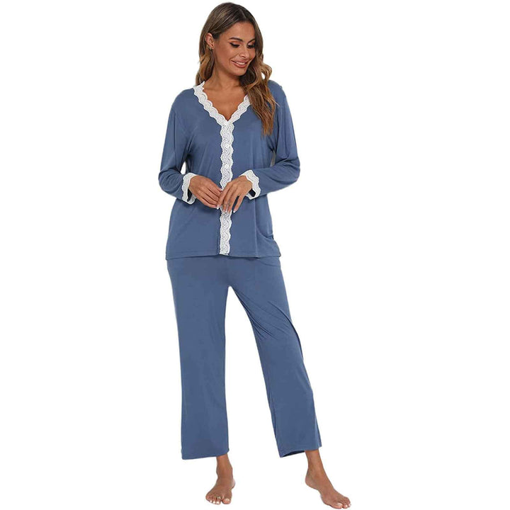 Jecarden Damen Schlafanzug mit Spitze Lang - Damen Pyjama Set Winter Langärmelig Nachtwäsche Zweitei