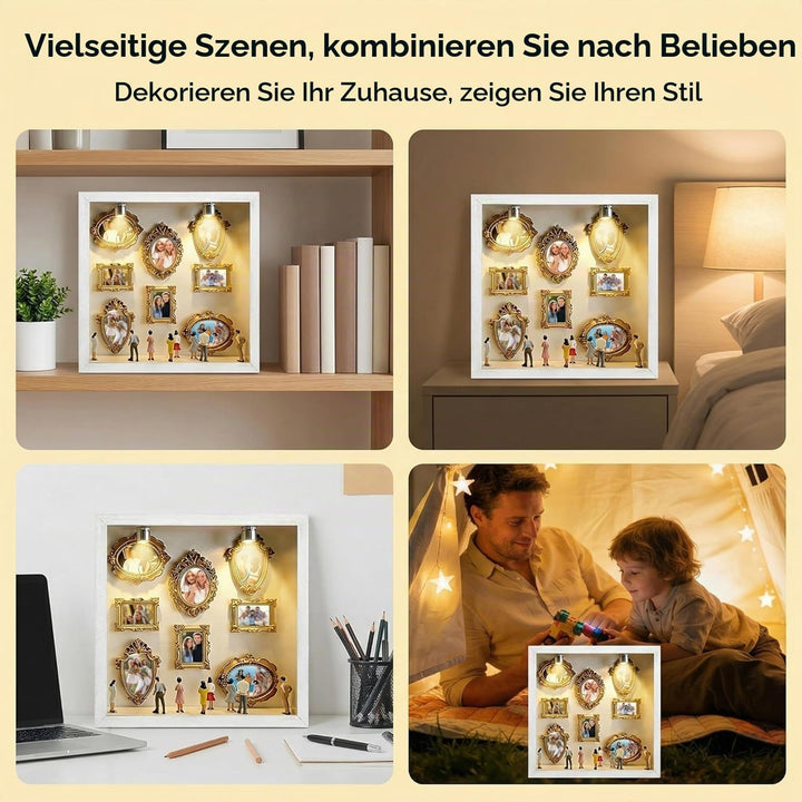 DIY Mini Museum Bilderrahmen mit LED Licht, Silhouettenbox Set mit 8 Mini Goldrahmen &amp; Figuren, 3D E