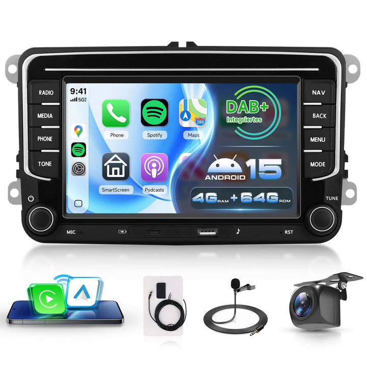 DAB/DAB+ 4G+64G Autoradio Android 15 für VW Golf 5 6 Passat Jetta Caddy EOS T5 Tiguan Touran CC Polo