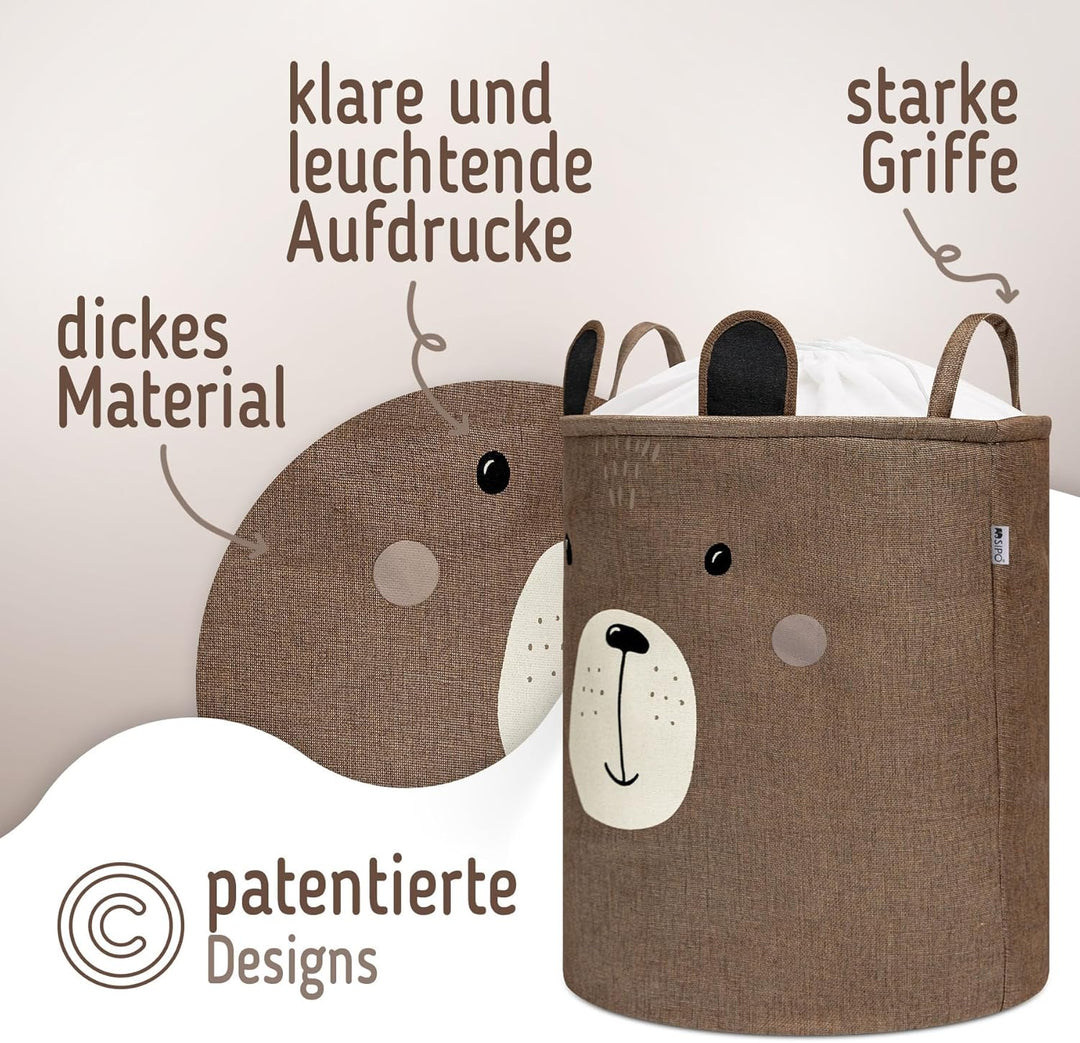SIPO Spielzeugkorb Premium, XXL 63L, Brown Bear, Faltbarer Spielzeug Organizer mit Kordelzug, Wasser