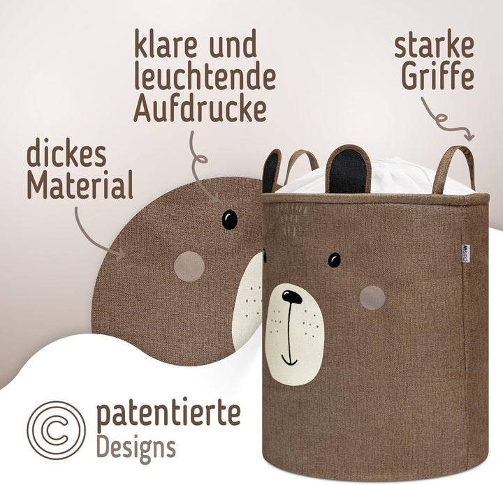 SIPO Spielzeugkorb Premium, XXL 63L, Brown Bear, Faltbarer Spielzeug Organizer mit Kordelzug, Wasser