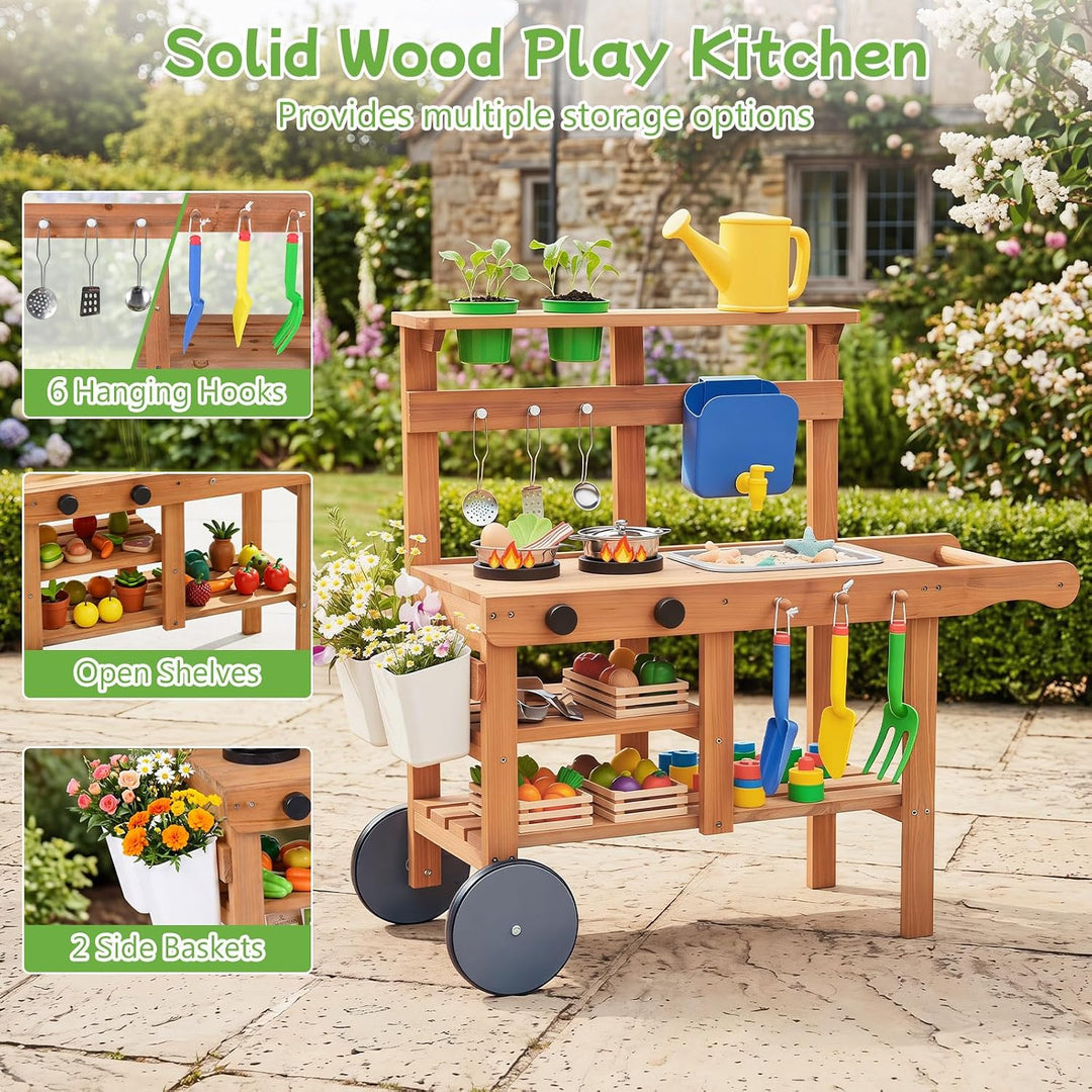 COSTWAY Matschküche Kinder Outdoor, Spielküche mit Wassertank &amp; Wasserhahn | Kinderküche mit Rädern,