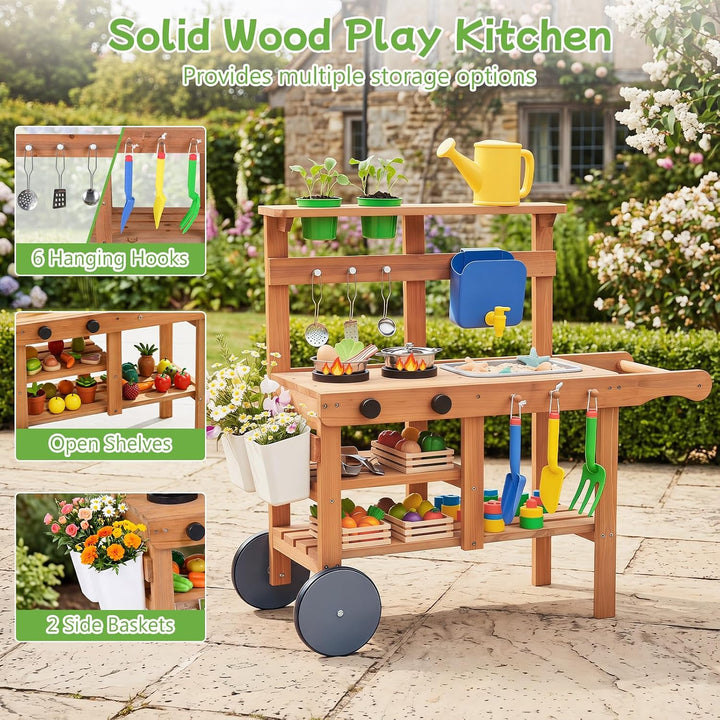 COSTWAY Matschküche Kinder Outdoor, Spielküche mit Wassertank &amp; Wasserhahn | Kinderküche mit Rädern,