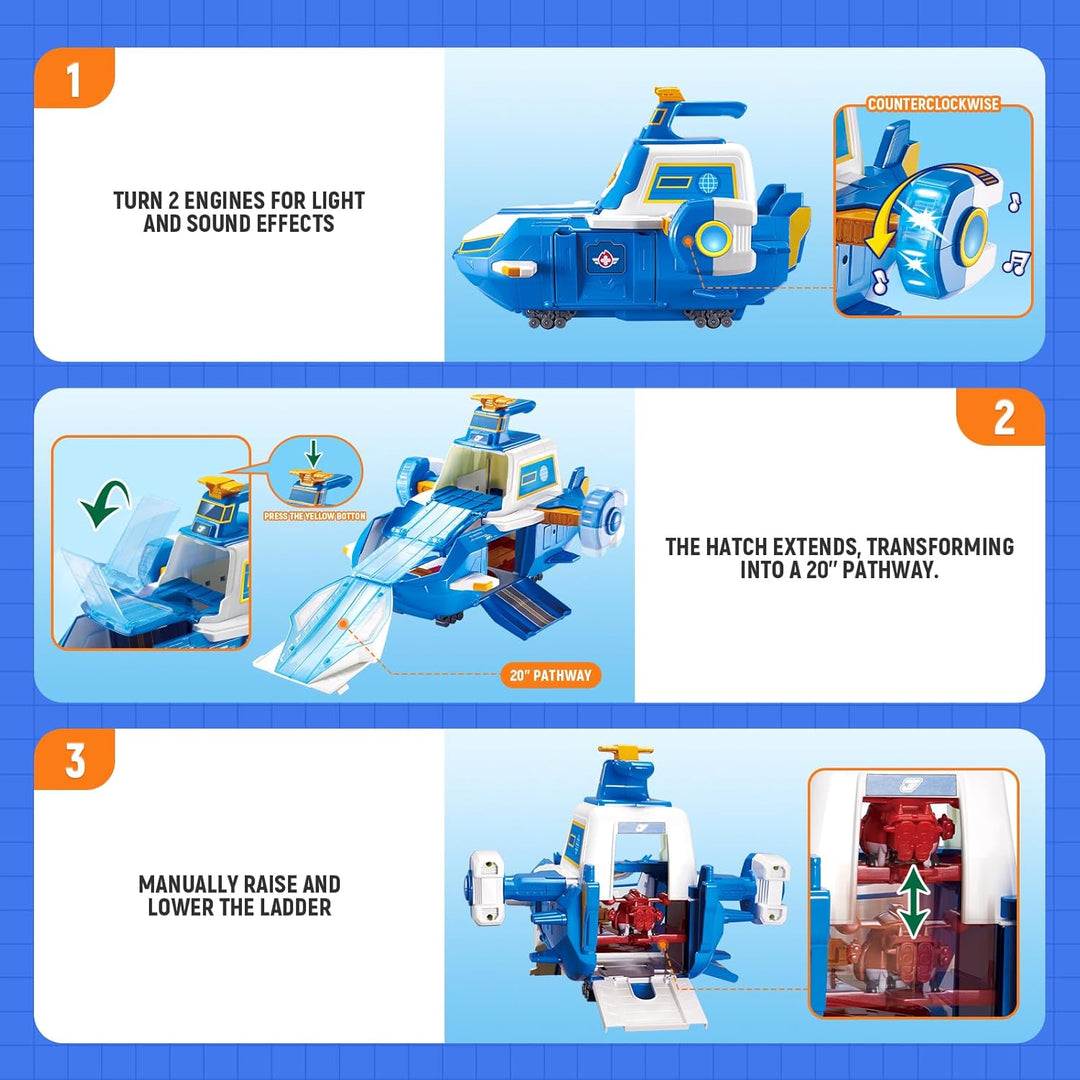 Super Wings Spielset Airport World Aircraft + 2 Spielflugzeug- und Transform-a-Bots-Figuren aus Staf