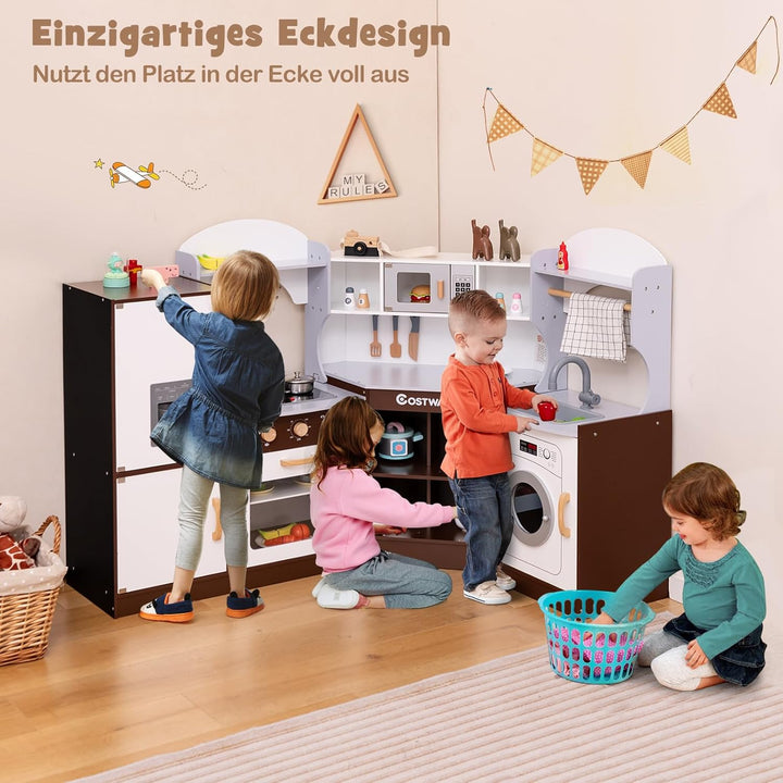 COSTWAY Eck Spielküche, Kinderküche mit Licht & Sound, Kinderspielküche mit Spüle, Eismaschine, Back