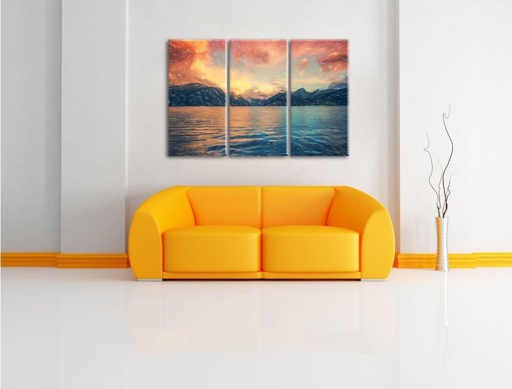 Pixxprint eine schöne Landschaft im Norden Kunst Buntstift Effekt 3-Teiler Leinwandbild 120x80 Bild