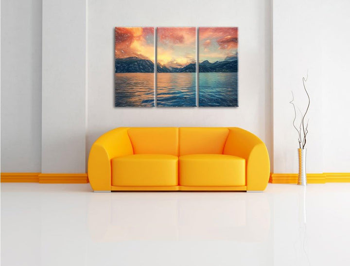 Pixxprint eine schöne Landschaft im Norden Kunst Buntstift Effekt 3-Teiler Leinwandbild 120x80 Bild