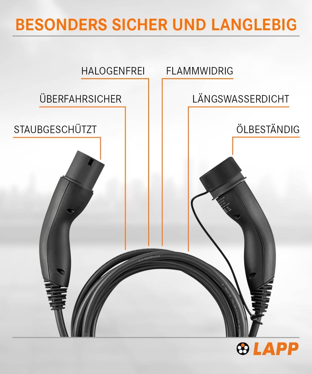 Lapp Mobility Typ 2 Ladekabel 11 KW/Glatt / 20 A / 3-Phasig/E-Auto Ladekabel/Mode 3 / 7m 7 Meter Sch