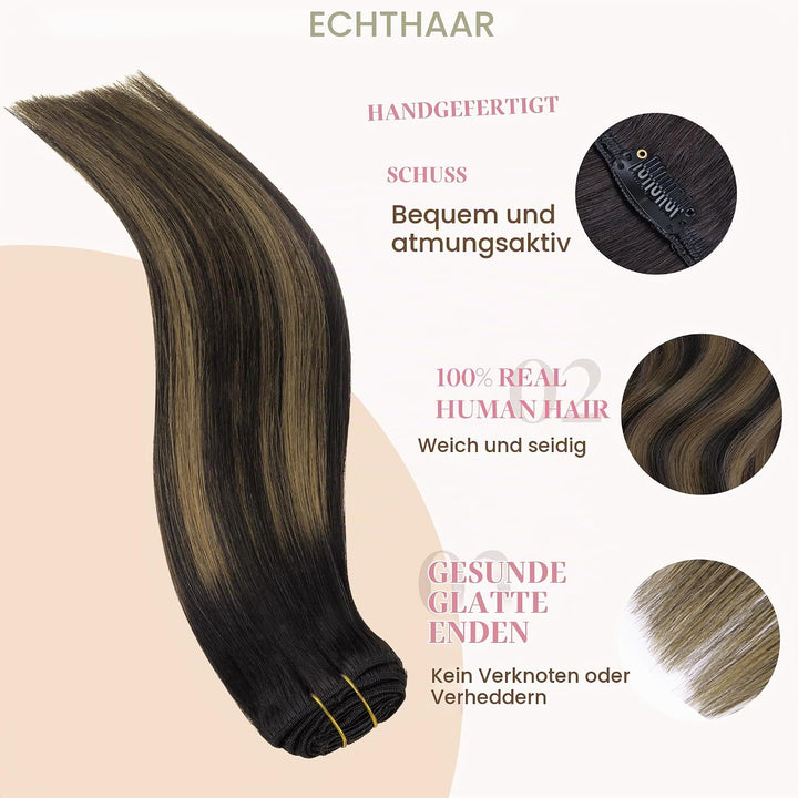 GOO GOO Echthaar Extensions Clip, 35cm 14 Zoll 120g 7 Stück Balayage Naturschwarz Gemischt Kastanien