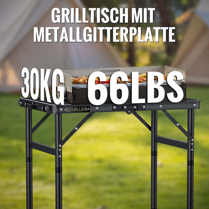 GARLLEN Grilltisch klappbar, 58x40cm & 3 Höhenverstellbar(26/48/70cm), Leicht und Tragbar, Klapptisc