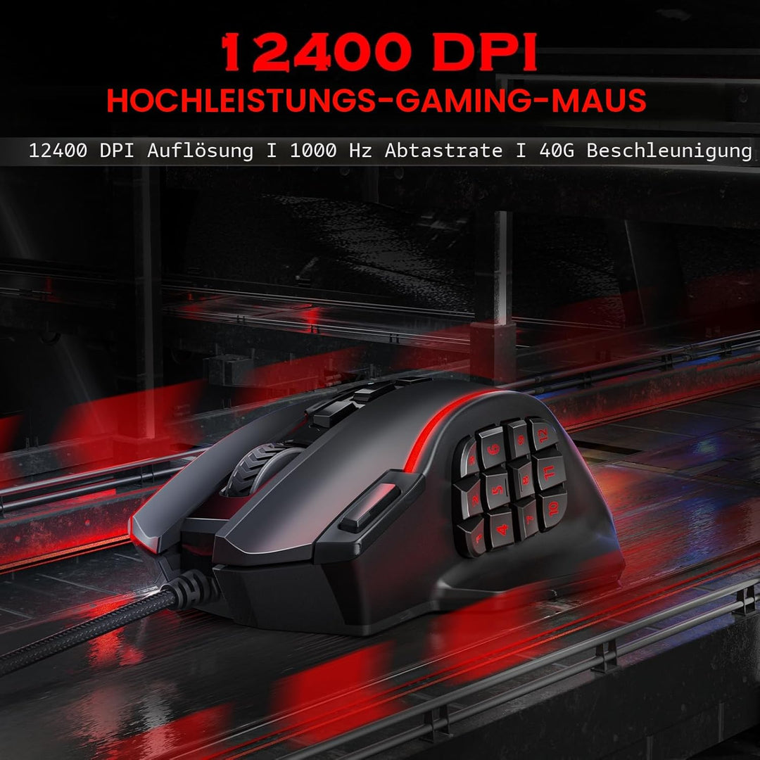Redragon Optische RGB MMO Maus mit 12 Seitentasten,kabelgebundene Gaming Maus mit 12400DPI,8 * 2.4g