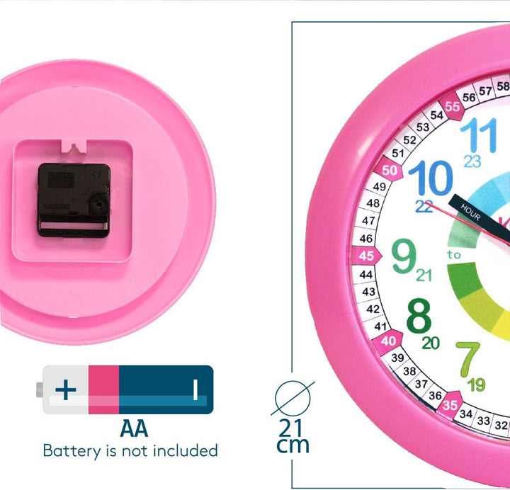 Kiddus Wanduhr für Kinder. Analoger Zeitlehrer mit Zeitlernübungen. Stilles Uhr. Viele Sprachen. Eng