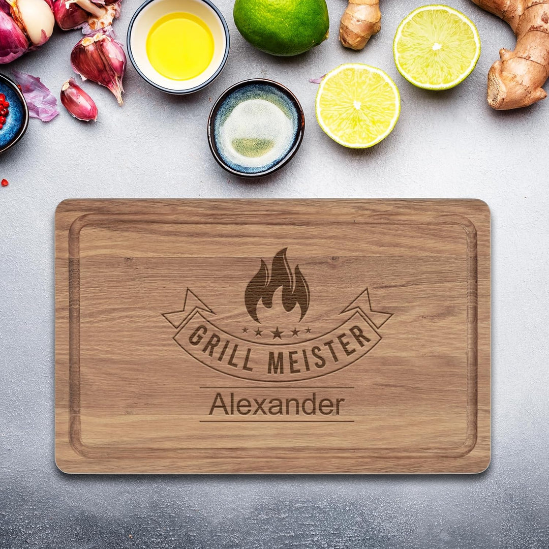 Geburtstagsgeschenk Männer mit Name | 40x25x2cm XL Schneidebrett Holz personalisiert | GRILLMEISTER