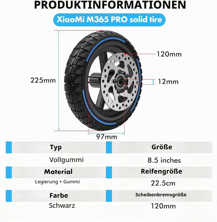BuyWeek E-Scooter Hinterrad Vollgummireifen mit 120 mm Scheibenbremse für Xiaomi M365 PRO, Explosion