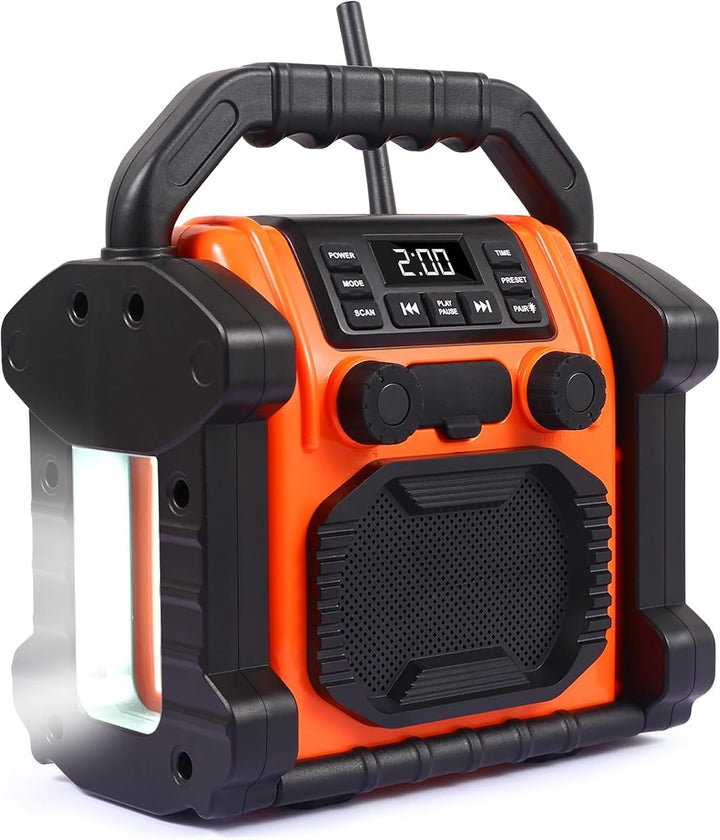 Jobsite Radio Bluetooth Speaker, 30W IPX 66 wasserdichter FM-Rundfunkuhr mit LED-Lichtern, Anti-Koll