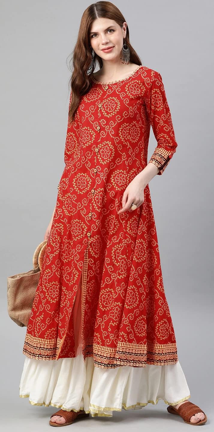 Yash Gallery Indian Tunika Tops Damen Baumwolle Bandhej Print Anarkali Kurta (Rot) S Rot, S Rot