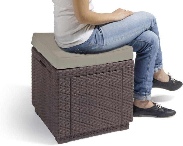 Allibert 206721 Hocker mit Kissen Cube w/cushion, Rattanoptik, Kunststoff, braun