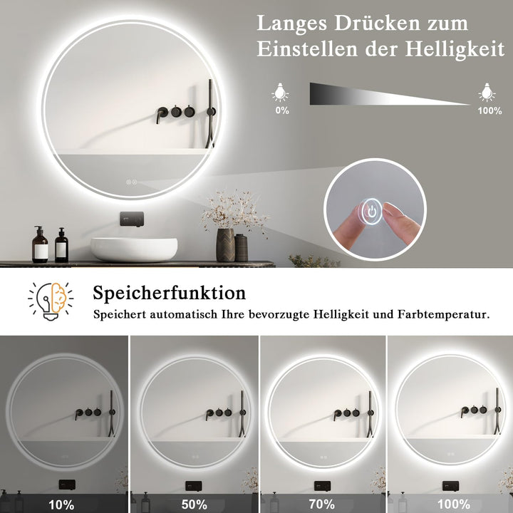 Badspiegel mit Beleuchtung - Badezimmer-Spiegel-LED mit Beschlagfrei, Touch-Schalter, Dimmbar, 3 Lic