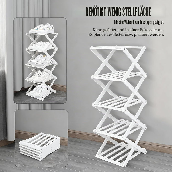 GIRYES Kleines Schuhregal, weiss, 5 Etagen, Bambus, faltbar, Schuh-Organizer, freistehendes Regal fü