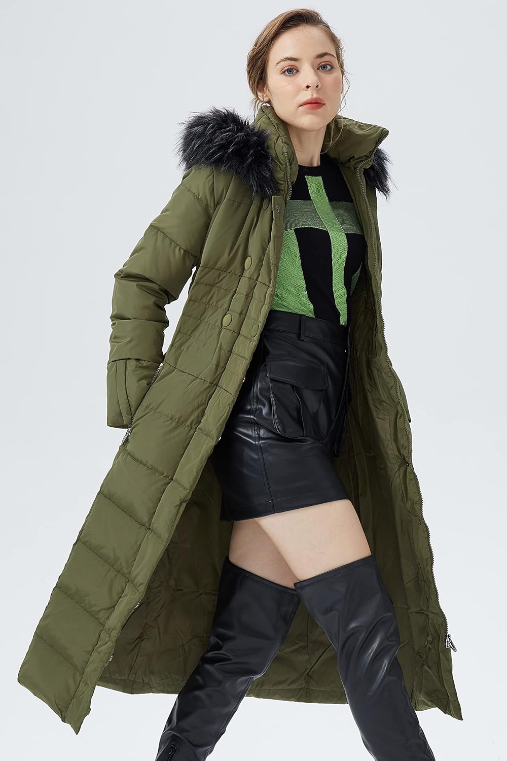 Orolay Damen Daunenmantel Lang Warm Winterjacke mit Kapuze Kunstpelz M Armeegrün, M Armeegrün