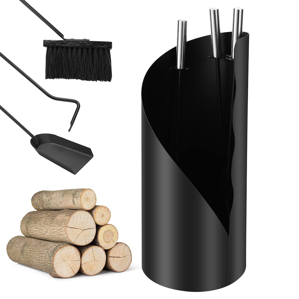 Jopassy Kaminbesteck Schwarz 4 teilig Edelstahl Kaminbesteck mit Schaufel, Besen, Schürhaken, Stände