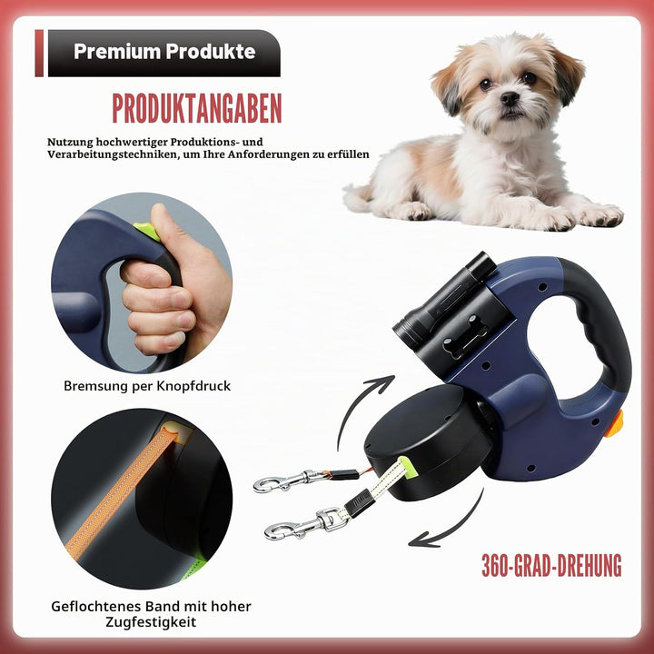 Einziehbare Hundeleine für 2 Hunde, 3m Doppelleine für 2 Hunde mit Licht, Anti Rutsch Griff, auszieh