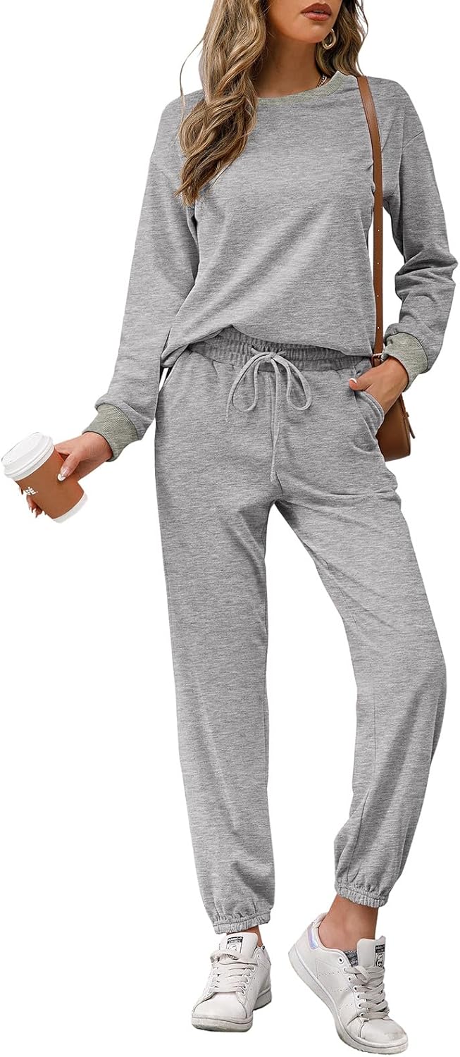 REORIA Damen Tracksuit Langarm Rundhalsausschnitt Einfarbig Zweiteiler Outfit Hoodie Jogger Training