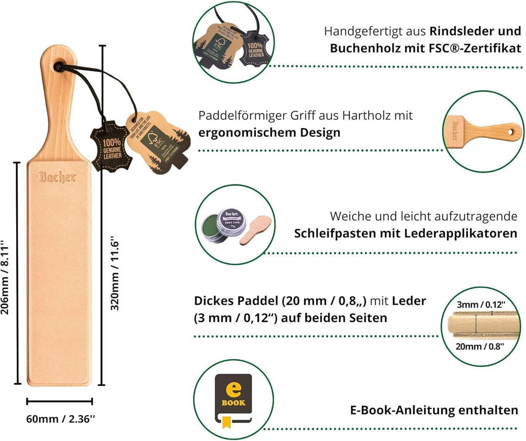 BACHER Premium Leder Streichriemen Abziehleder für Messer set mit 4 x 7g Polierpaste. Paddelgriff au