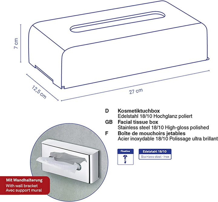Kela 22860 Kosmetiktuchbox mit Wandhalterung, 27x 12,5X 7cm, Edelstahl 18/10, Faber, Silber Glänzend