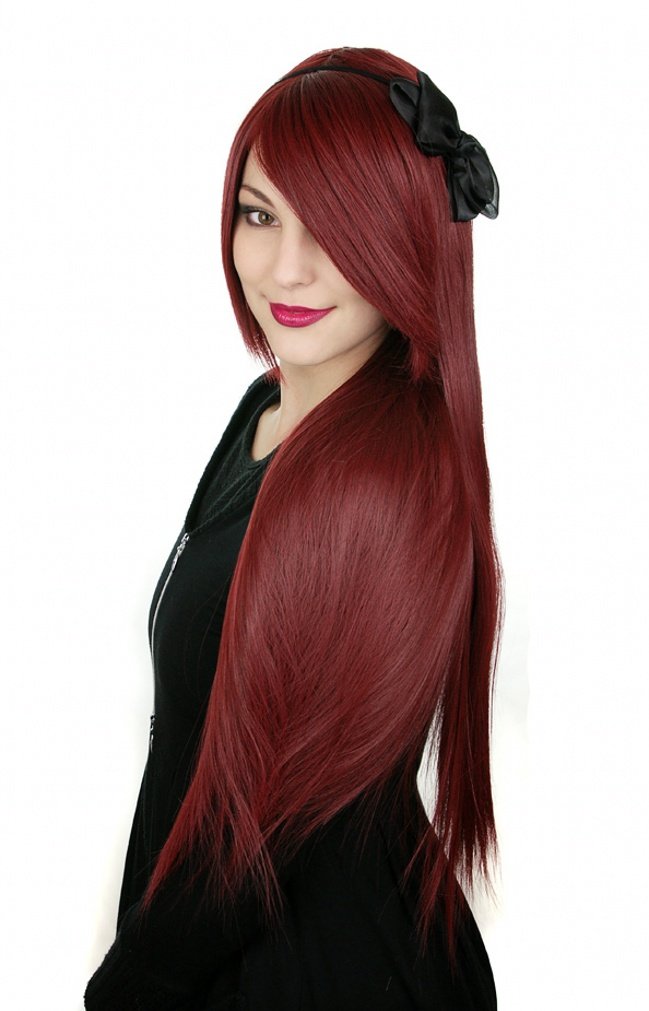 Prettyland Damen 80cm Langhaar Glatt Anime Cosplay Perücke Dunkelrot Weinrot/Burgundy Rot C918, dunk
