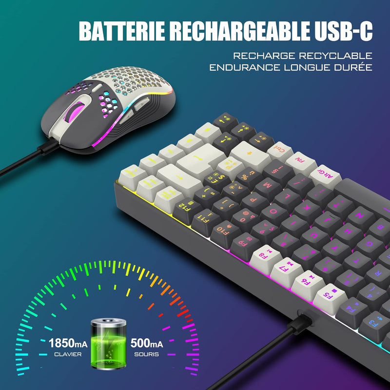 RedThunder K84 Combo Tastatur und Maus, kabellos, AZERTY, Französisch, wiederaufladbarer Akku mit RG