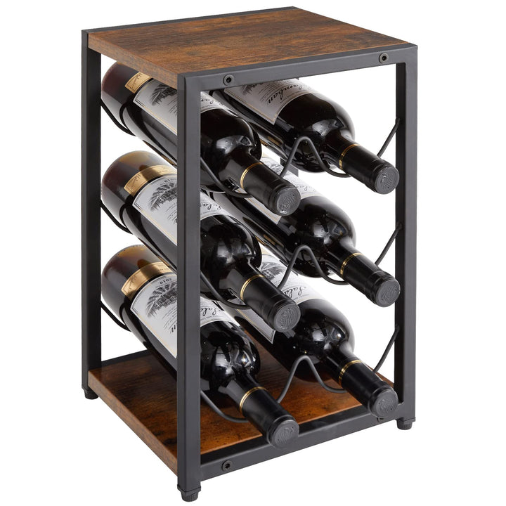 IBUYKE Rustikales Weinregal aus Holz, 3 Etagen, für 6 Flaschen, freistehend, Weinflaschenhalter, Stä