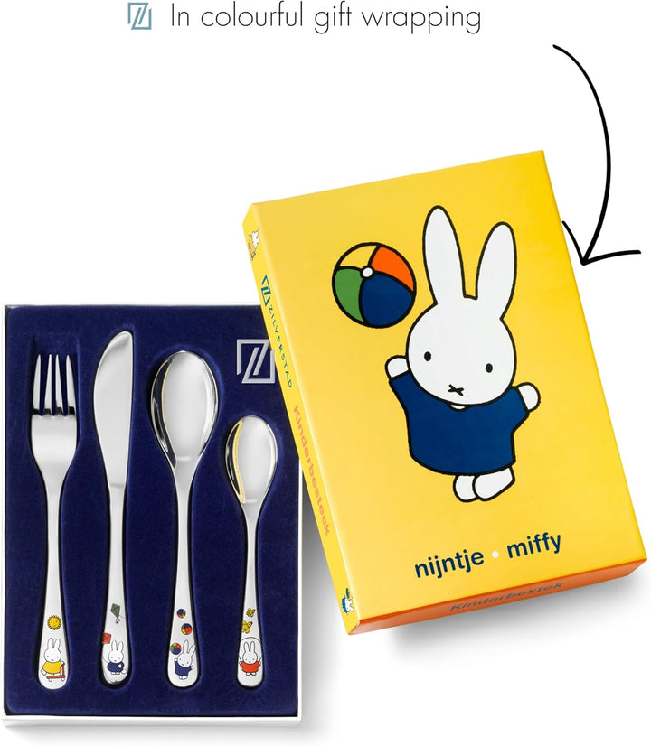 Zilverstad Kinderbesteck Miffy spielt, 4-teilig, Edelstahl, Silberfarben, 21.5 x 15.5 x 2.5 cm